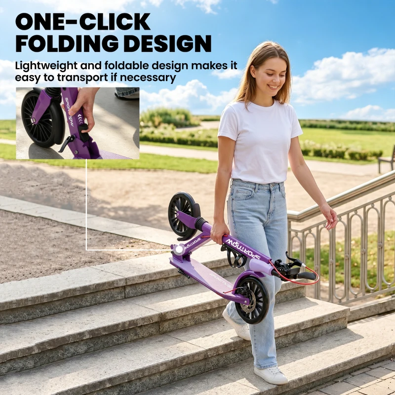 SPORTNOW Foldable Kick Scooter with Height Adjustable Handlebar, One-click Folding Adult Scooters with 200 mm Big Wheels, Purple