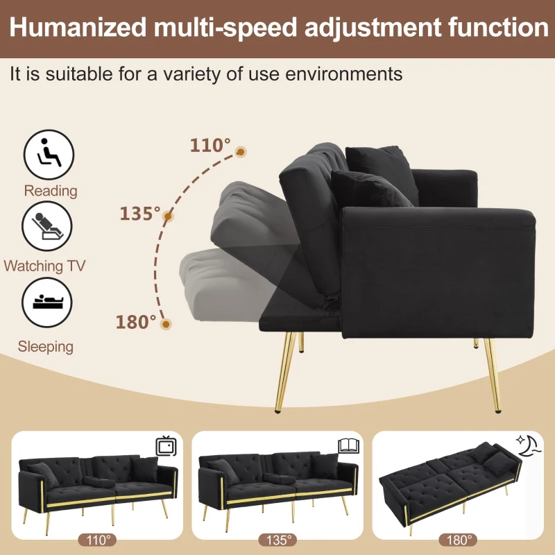 Two-Seater Convertible Sofa Bed with 3-Level Adjustable Backrest, Space-Saving Sleeper Sofa with High-Density Foam, 174L x 76W x 71.5H cm, Black