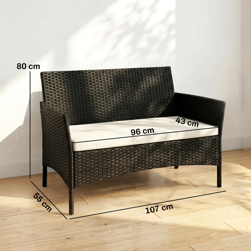 Outsunny Divano da Giardino a 2 Posti con Cuscino e Braccioli in Rattan PE e Acciaio, 107x55x80cm, Nero