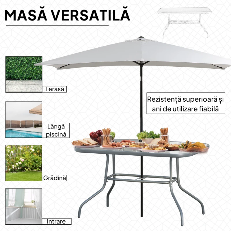 Outsunny Masa pentru Gradina din Metal si Sticla cu Orificiu pentru Umbrela120x80x70cm