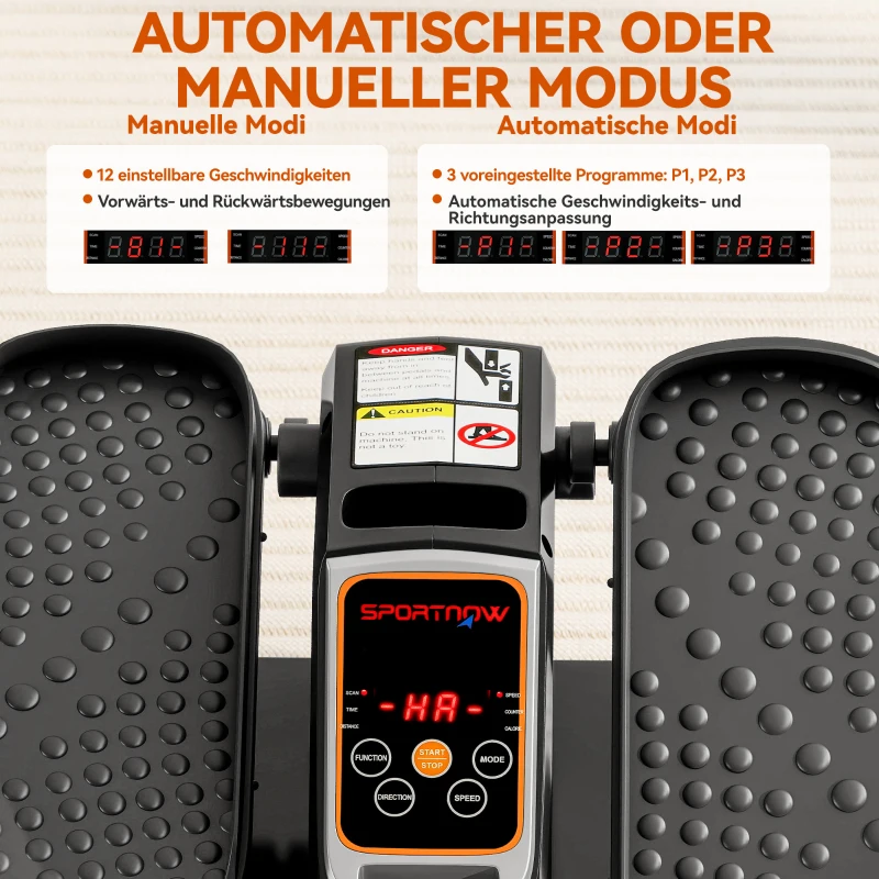SPORTNOW Elektrische Elliptische Trainer, Pedalentoestel met 12 Aanpasbare Snelheden, Draagbaar, Licht, Afstandsbediening, LED-Monitor, Staal, Kunststof, Zwart