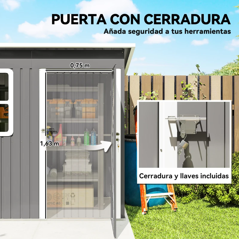 Outsunny Caseta de Jardín 221x133x190 cm Cobertizo de Exterior Metálico para Almacenamiento de Herramientas Gris Oscuro