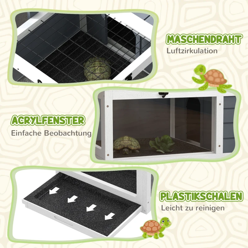 PawHut Schildpaddenverblijf, Reptielenbox met 2 Kamers, Deksel, Kunststof Schalen, Ramen, Hout, Grijs