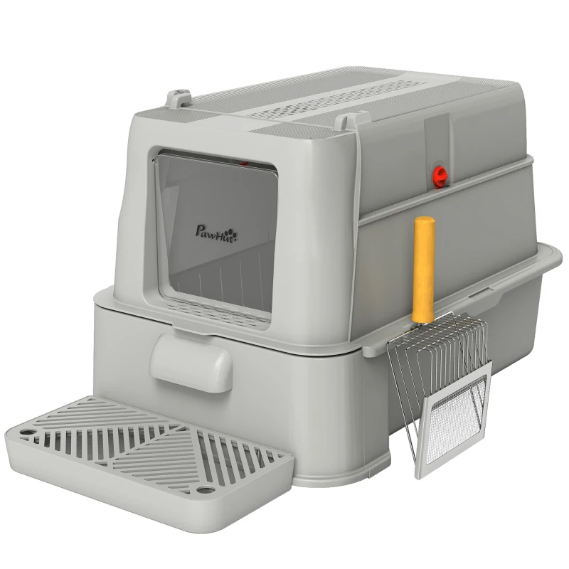 PawHut Bac à Litière pour Chat 80L en Inox avec Couvercle Rabattable à 180°, Tiroir Coulissant, Pelle, 63x43x43cm, Gris Clair