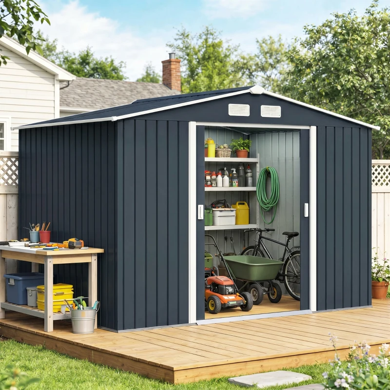 Outsunny Abri de jardin 5,4 m² 2,77 x 1,95 x 1,92 m kit de fondation porte coulissante ventilations acier galvanisé, gris foncé(m-10)