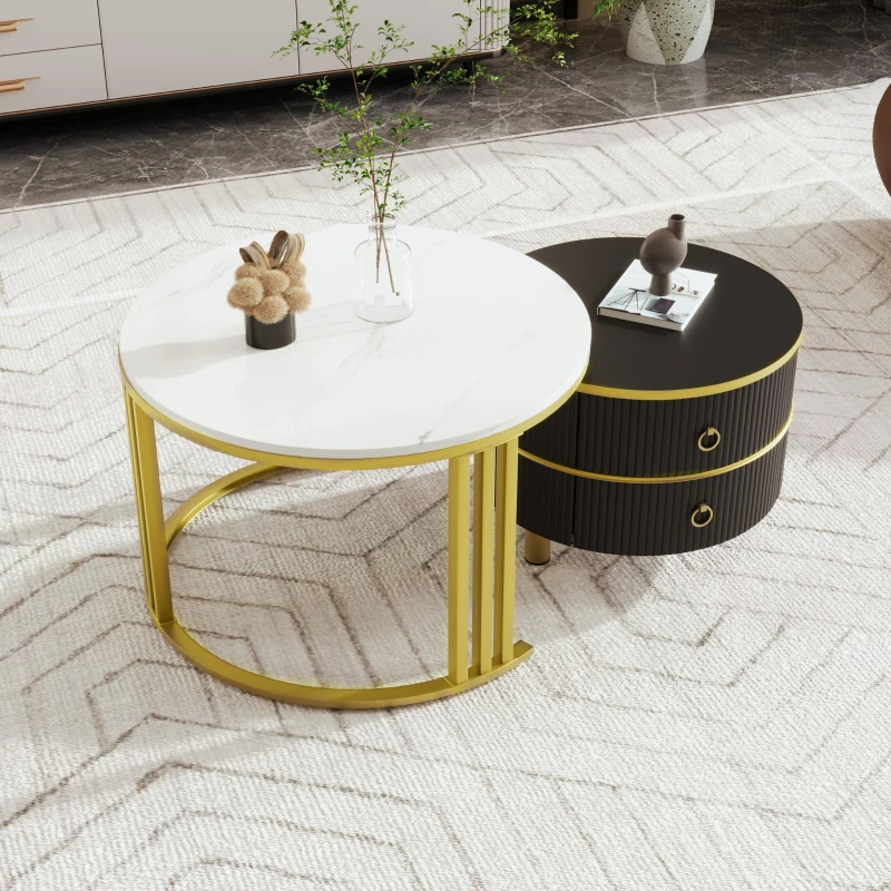 2-In-1 Round Coffee Table Set with High-Gloss Tops, Space-Saving Center Table Set with 2 Drawers, 70L x 70W x 46H cm, White+Black