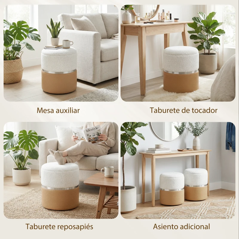 HOMCOM Juego de 2 Puff Almacenaje Tapizados en Chenilla y PU Asiento Acolchado para Pasillo Dormitorio Marrón y Crema