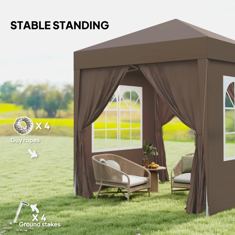 Outsunny 2 x 2 m Garden Pop Up Gazebo, Wedding Party Tent Marquee, Water Resistant Awning Canopy with Sidewalls, Windows, Carry Bag, Coffee(m-6)