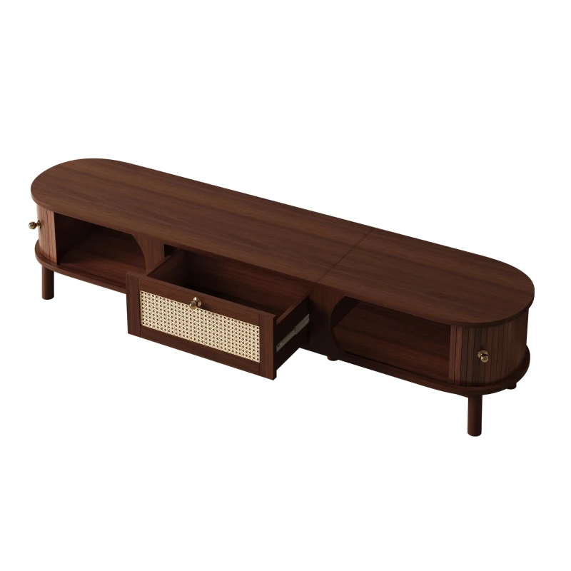 Walnut TV Cabinet with Solid Wood Doors and Handwoven Rattan Drawers, Sliding-Door TV Stand with Solid Wood Legs, 170L x 39.5W x 38H cm, Walnut