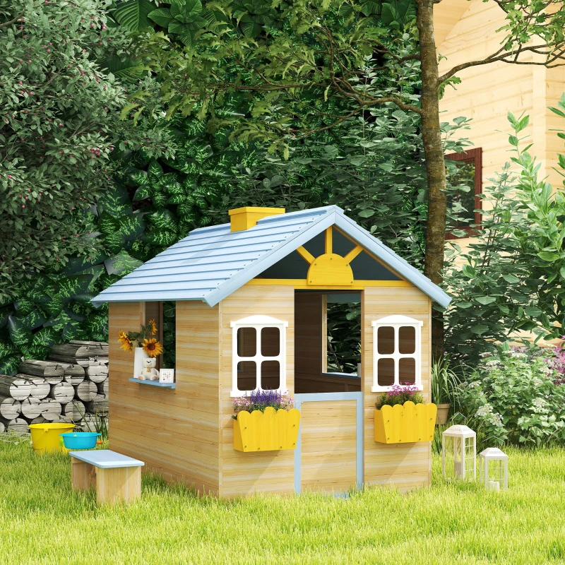 Outsunny Wooden Playhouse, Wendy House with Door, Bench, Flowerpot Holder, for Ages 3-7 Years, Blue