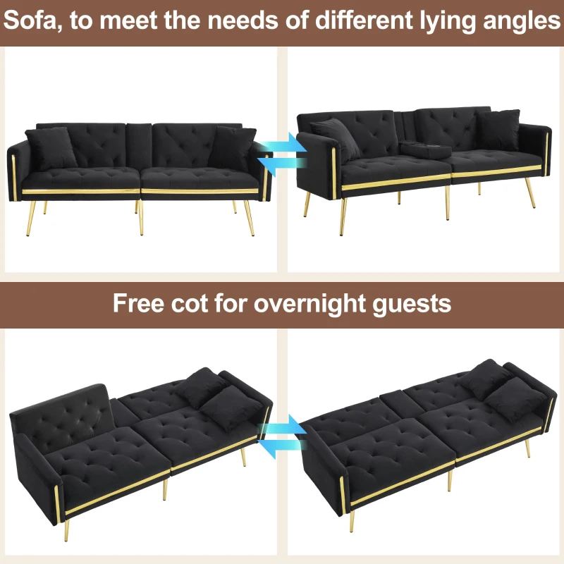 Two-Seater Convertible Sofa Bed with 3-Level Adjustable Backrest, Space-Saving Sleeper Sofa with High-Density Foam, 174L x 76W x 71.5H cm, Black