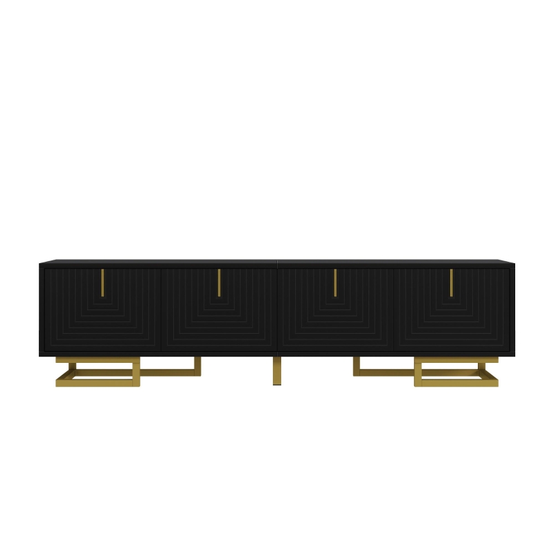 TV Cabinet with Textured Doors Metallic Handles and Sturdy Metal Legs, Elegant TV Stand with Integrated Shelves, 160L x 38W x 44.5H cm, Black