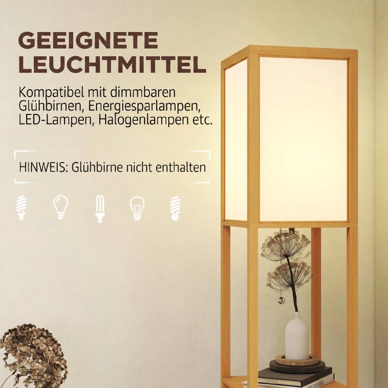 HOMCOM Stehlampe mit 3 Regalen, Stehleuchte mit E27 Fassung, 26 x 26 x 160 cm, für Wohn-/Schlafzimmer (Ohne Glühbirne)