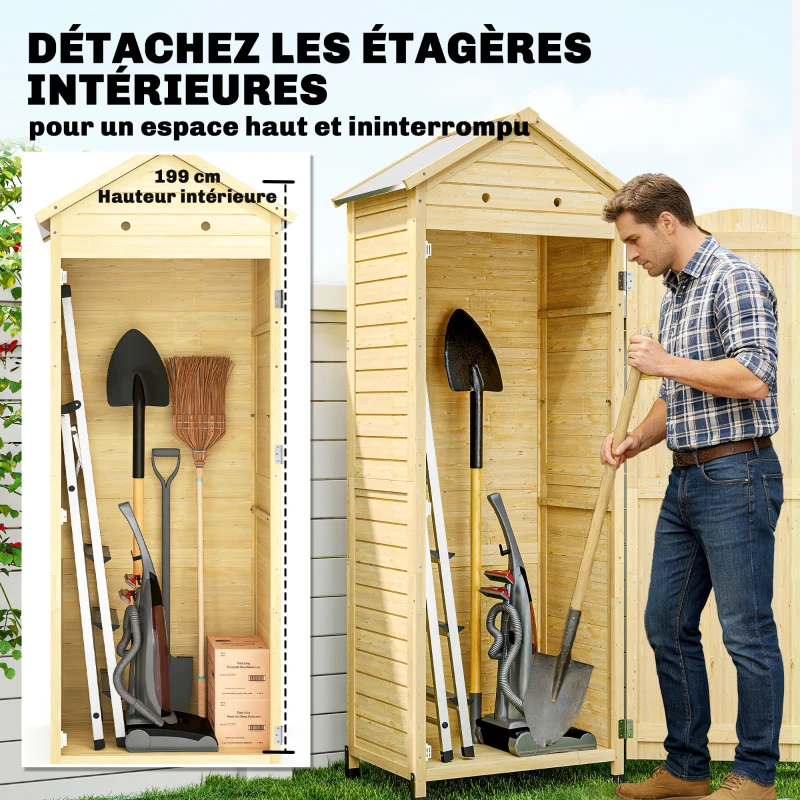 Outsunny Armoire de Jardin en Bois Toit Acier Galvanisé Texture Gaufrée Étagères Réglables 85x58x213cm Bois Naturel