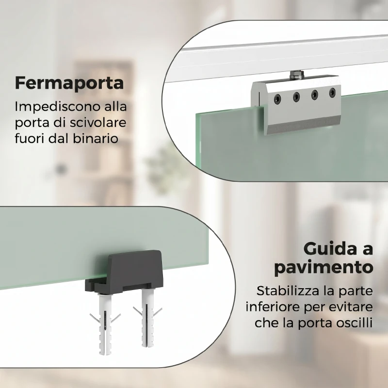 HOMCOM Porta Scorrevole in Vetro Sabbiato con Binario Silenzioso e Guida, 77.5x205 cm, Trasparente