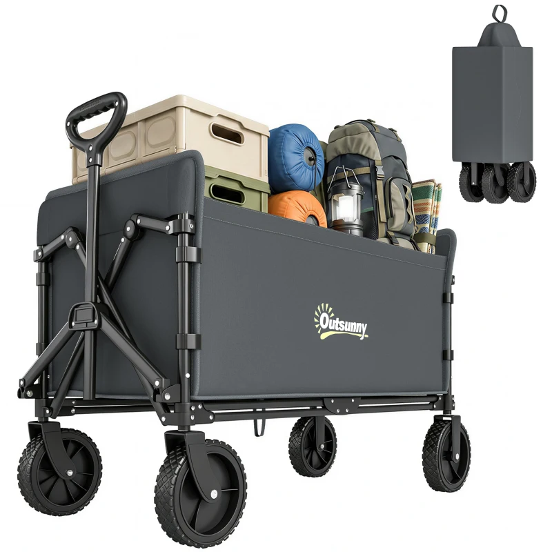 Outsunny 180L Festival Trolley on Wheels, Folding Compact Camping Trolley Cart with Adjustable Handle, 120 KG Capacity for Garden, Beach, Fishing, Grey