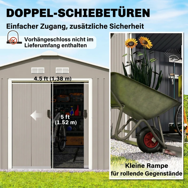 Outsunny Geräteschuppen, Wetterfestes Gartenhaus für Gartengeräte, mit Belüftungsfenstern, Schiebetüren, Stahl, Grau(m-5)