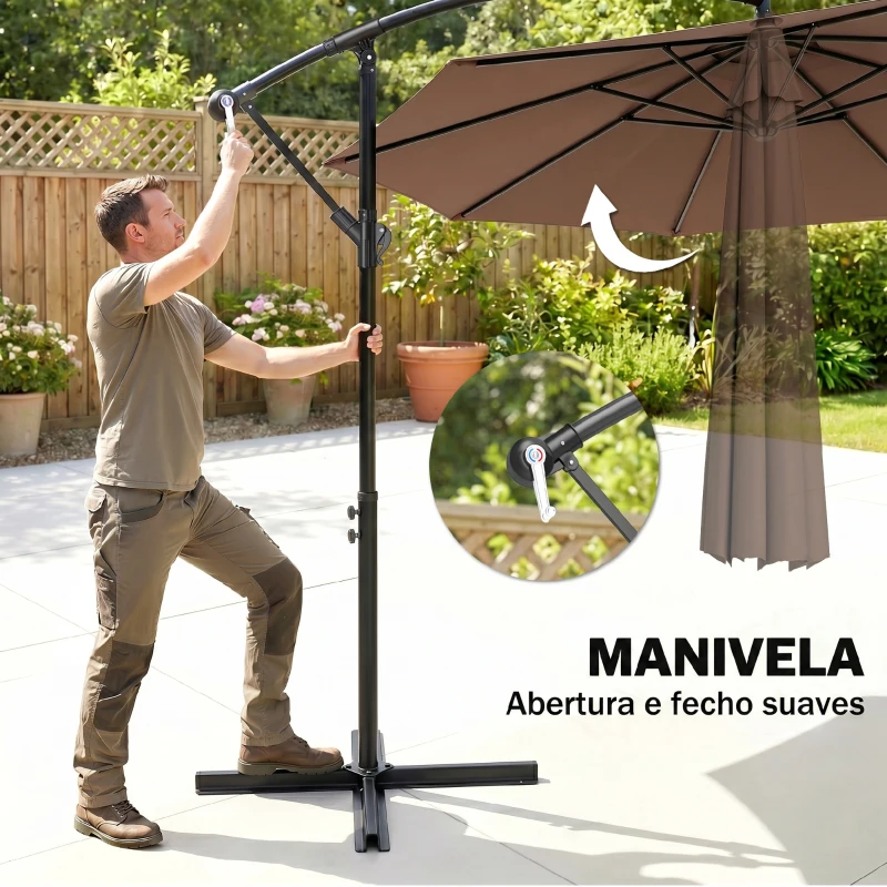 Outsunny Chapéu de Sol de Jardim Ø300x250cm Chapéu de Sol Excêntrico Inclinável com Manivela Base Cruzada Café