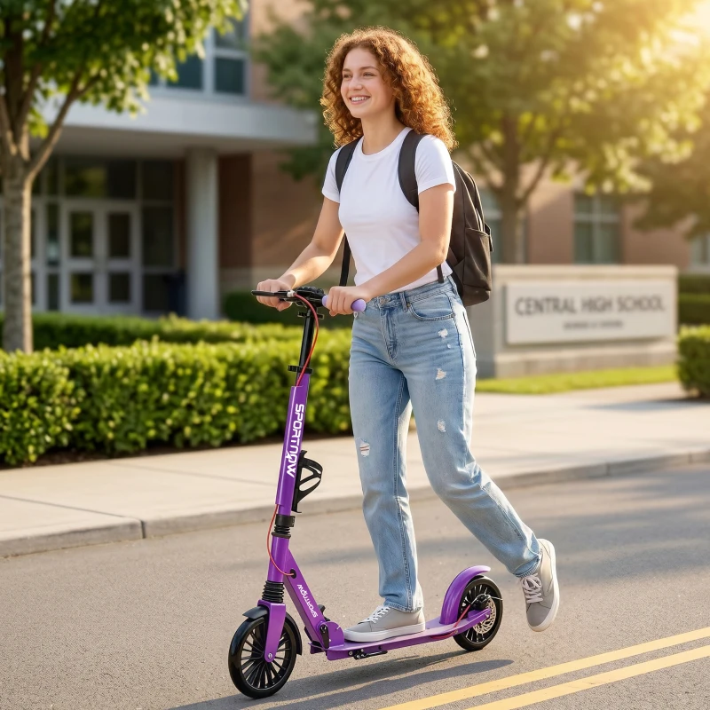 SPORTNOW Foldable Kick Scooter with Height Adjustable Handlebar, One-click Folding Adult Scooters with 200 mm Big Wheels, Purple