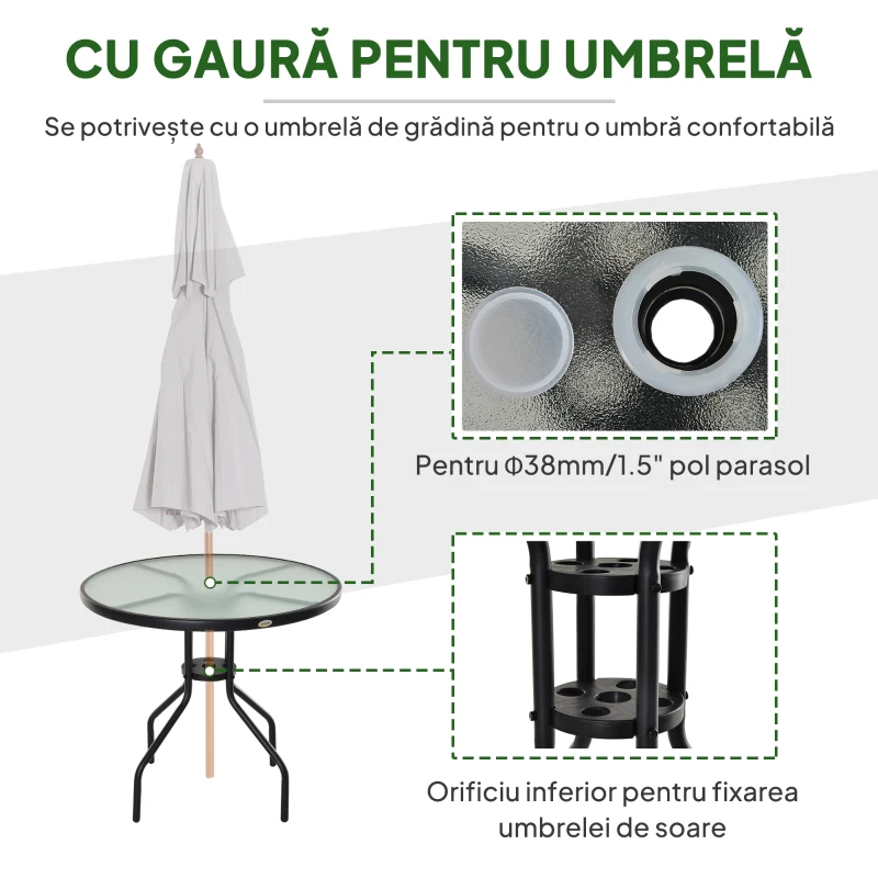 Outsunny Masuta de exterior din otel cu suprafata din sticla securizata Ф80 x 72 cm