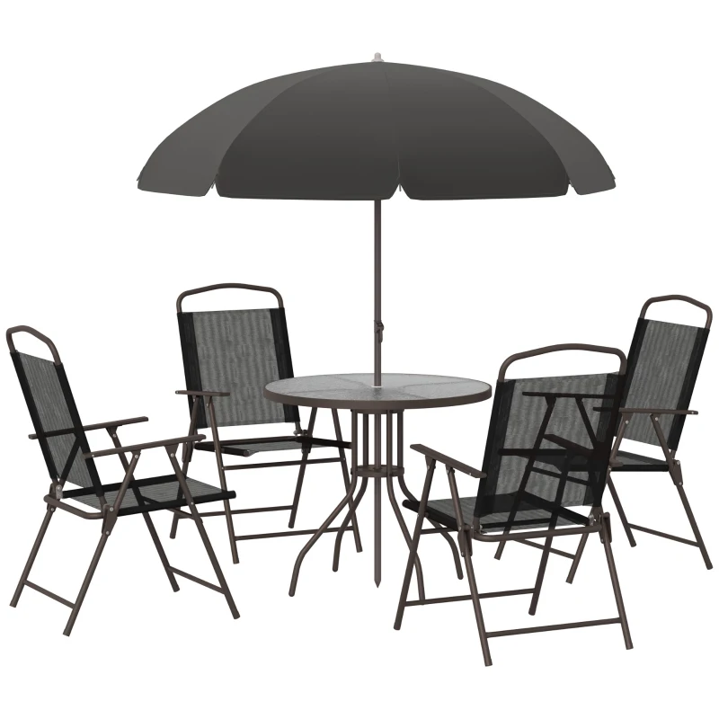 Outsunny 6 Piece Patio Dining Set with Umbrella, 4 Folding Dining Chairs & Round Tempered Glass Table for Garden, Backyard and Poolside, Black