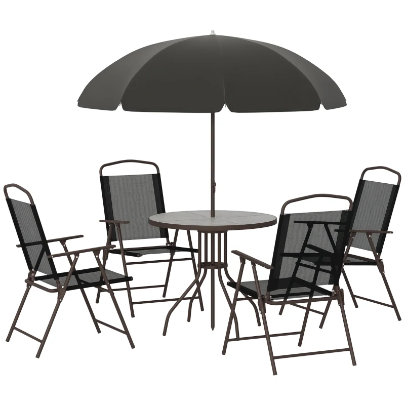 Outsunny 6 Piece Patio Dining Set with Umbrella, 4 Folding Dining Chairs & Round Tempered Glass Table for Garden, Backyard and Poolside, Black