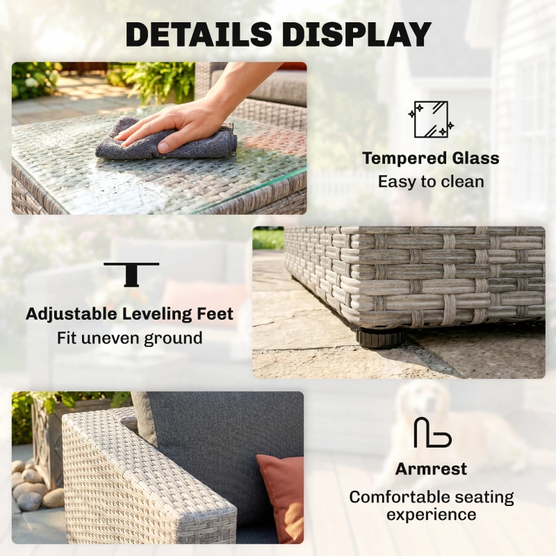 Outsunny 3 Pieces Outdoor PE Rattan Corner Sofa Set with Cushions - Garden Conversation Chaise Lounge Furniture, Includes Glass Top Coffee Table and Two Pillows, Grey