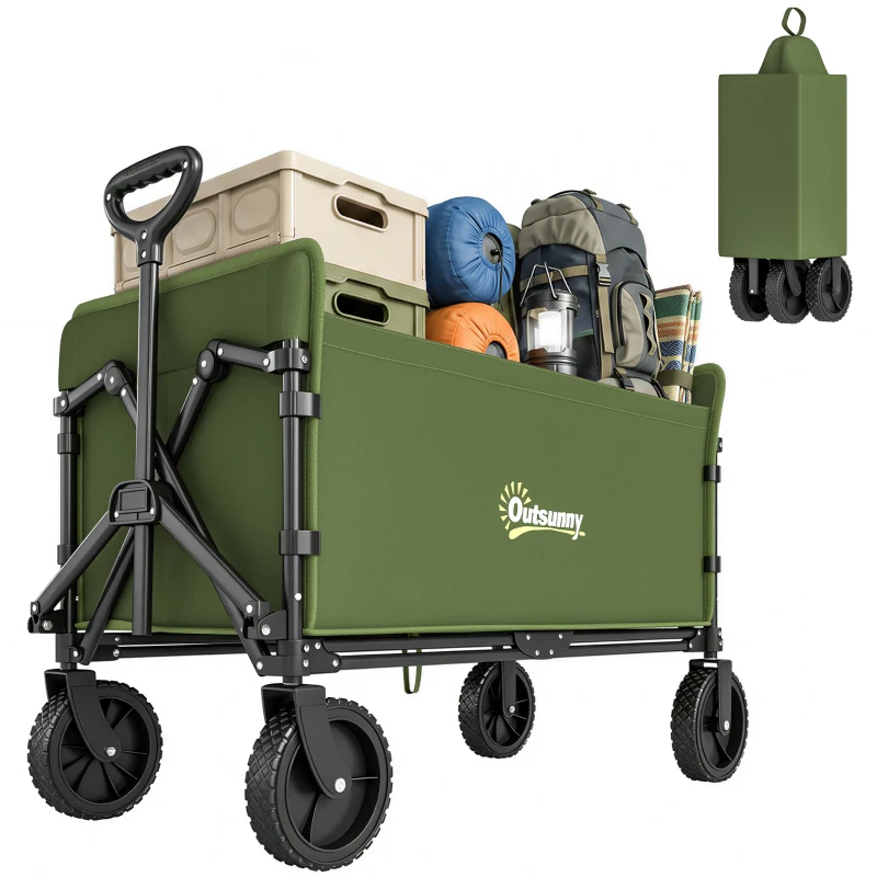 Outsunny 180L Festival Trolley on Wheels, Folding Compact Camping Trolley Cart with Adjustable Handle, 120 KG Capacity for Garden, Beach, Fishing, Green