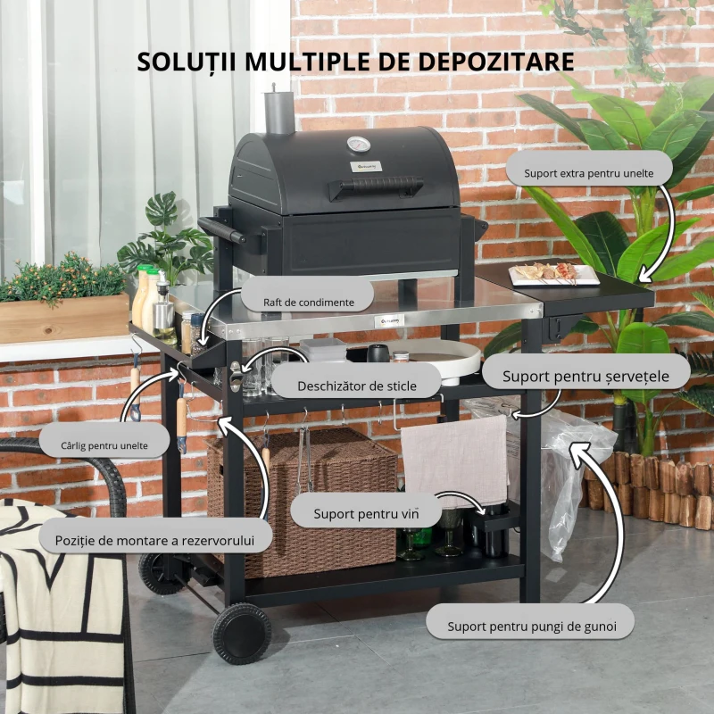 Outsunny Cărucior pentru grătar cu masă pliabilă din oțel inoxidabil, 2 roți și accesorii, 125x65x84 cm, negru
