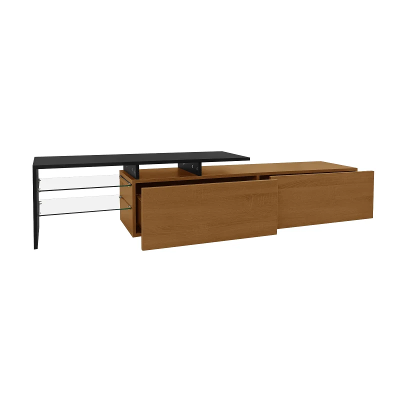 Modern TV Cabinet with Triple-Layer Glass Shelves, Low-Profile TV Stand with Smart Storage, 170L x 33W x 33.5H cm, Black+Natural+Wood