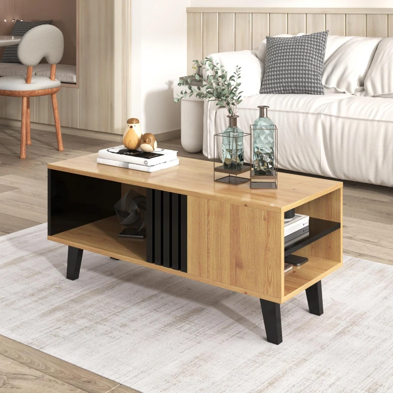 Stylish Coffee Table with Practical Storage and Wood‑Coloured Surface, Divided-Storage Tea Table with Wood Legs, 100L x 60W x 45H cm, Black+Wood
