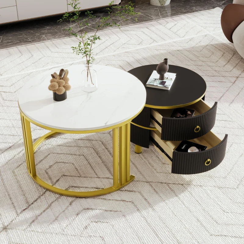 2-In-1 Round Coffee Table Set with High-Gloss Tops, Space-Saving Center Table Set with 2 Drawers, 70L x 70W x 46H cm, White+Black