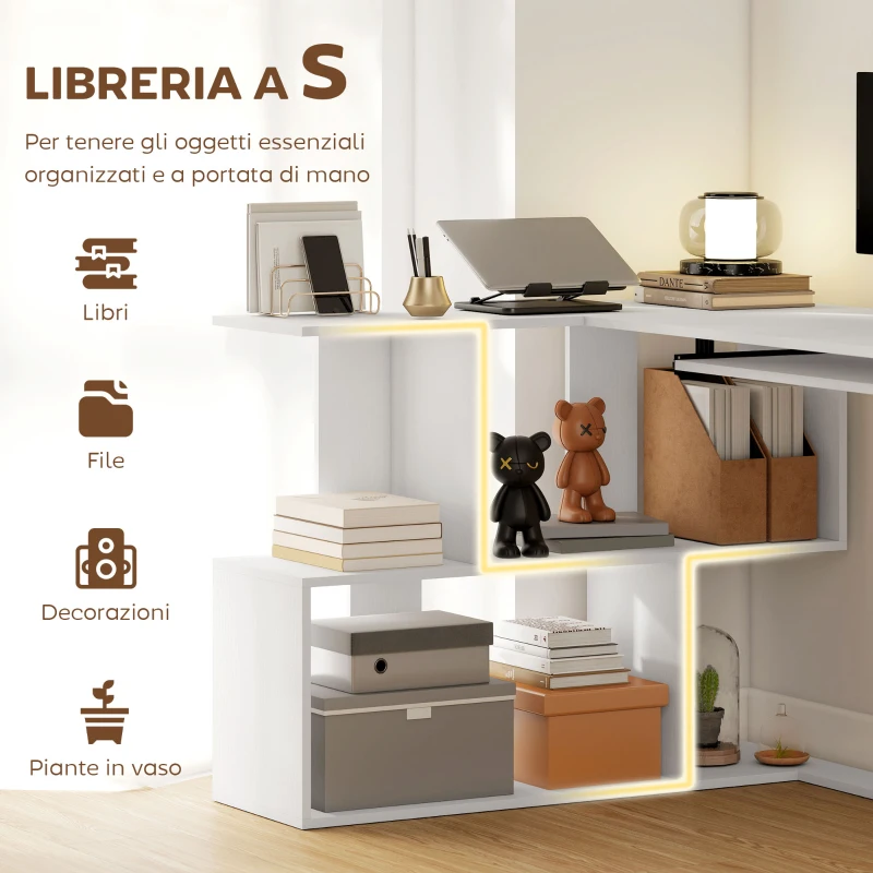 HOMCOM Scrivania Angolare Moderna con Ripiano Scorrevole per Tastiera e Scaffale a 4 Ripiani, Bianco