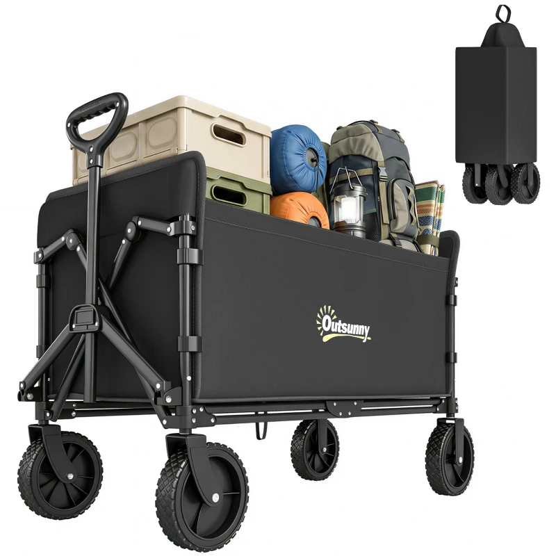 Outsunny 180L Festival Trolley on Wheels, Folding Compact Camping Trolley Cart with Adjustable Handle, 120 KG Capacity for Garden, Beach, Fishing, Black