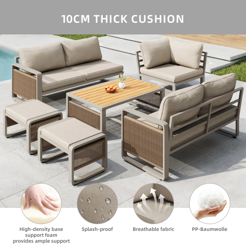 Modern Garden Corner Sofa Set with High‑Density Foam Cushions, Weatherproof Outdoor Set for 6-7 People, 120L x 65W x 66.5H cm, Beige