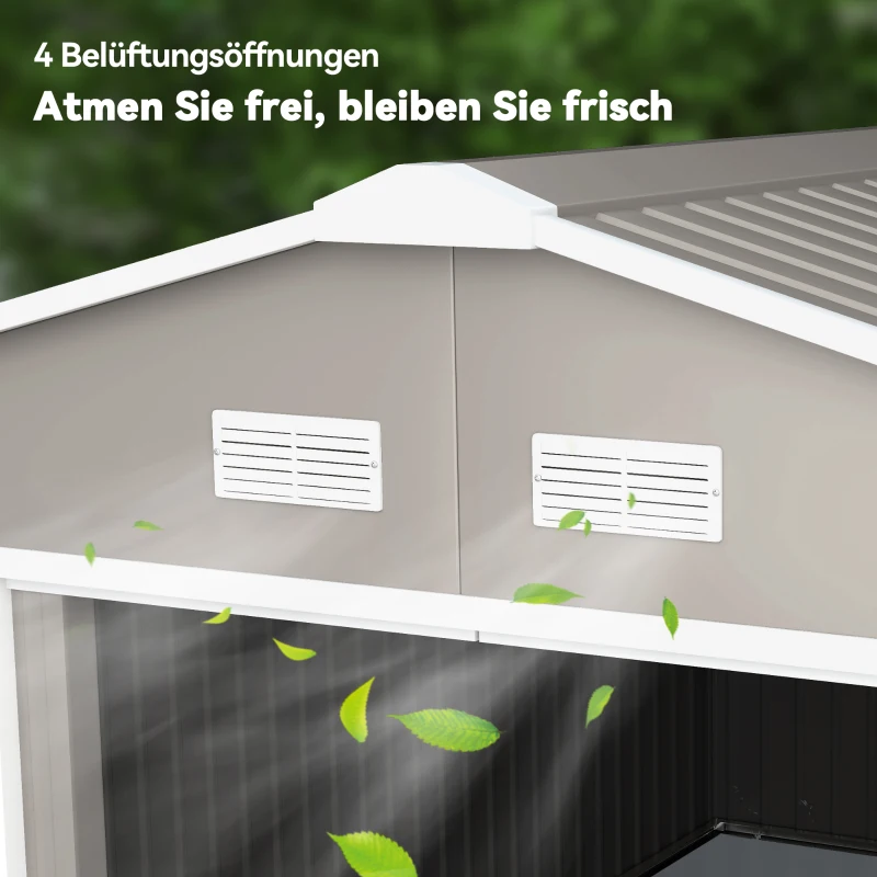 Outsunny Geräteschuppen, Wetterfestes Gartenhaus für Gartengeräte, mit Belüftungsfenstern, Schiebetüren, Stahl, Grau(m-8)