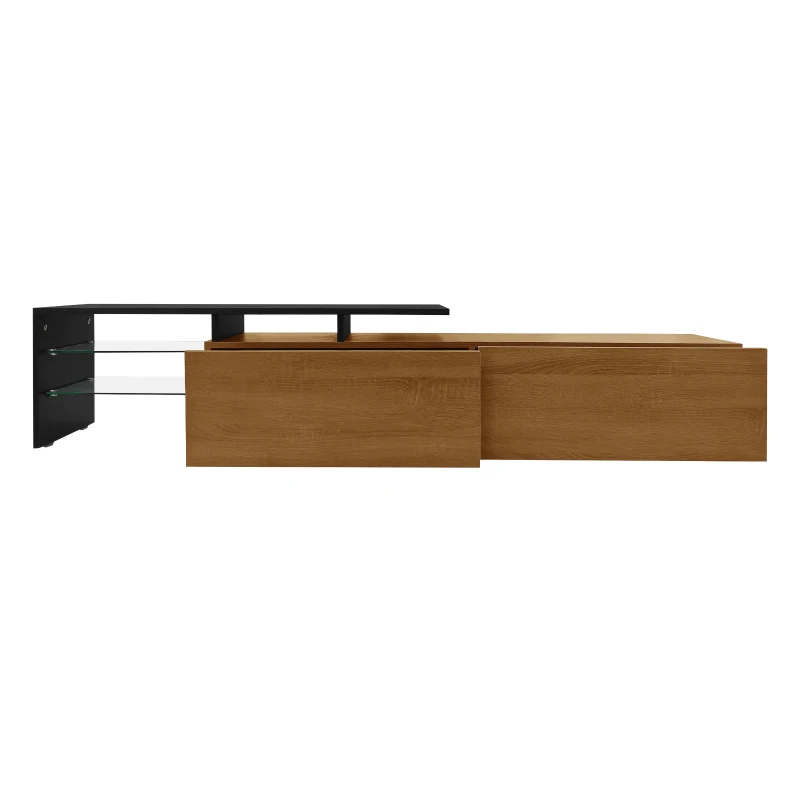 Modern TV Cabinet with Triple-Layer Glass Shelves, Low-Profile TV Stand with Smart Storage, 170L x 33W x 33.5H cm, Black+Natural+Wood