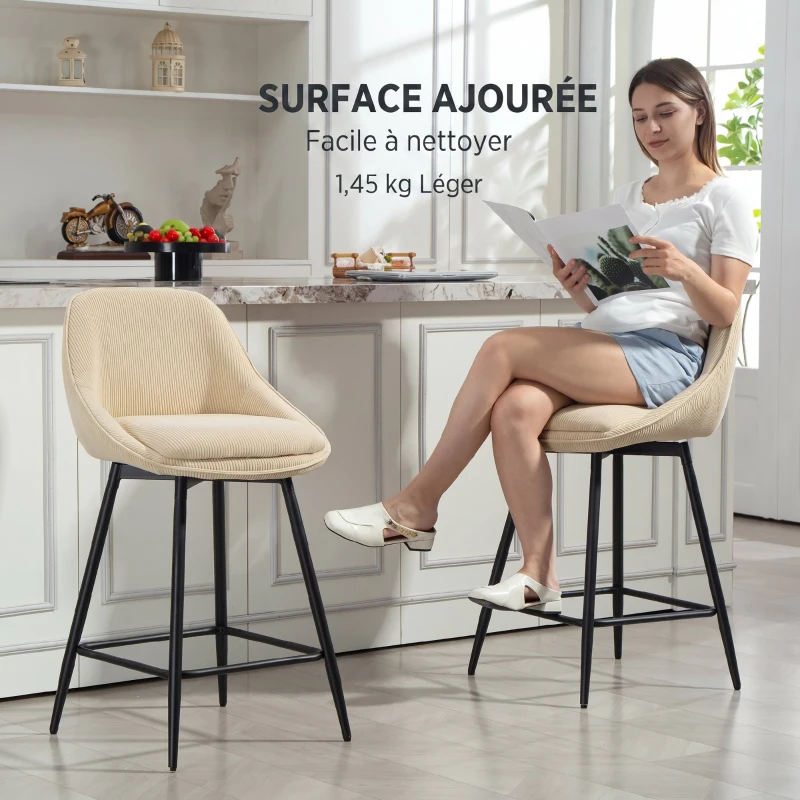 HOMCOM Lot de 2 tabourets de bar en tissu velours côtelé, chaises de bar avec dossier courbé, repose-pieds, 49x52x88cm, beige(m-8)