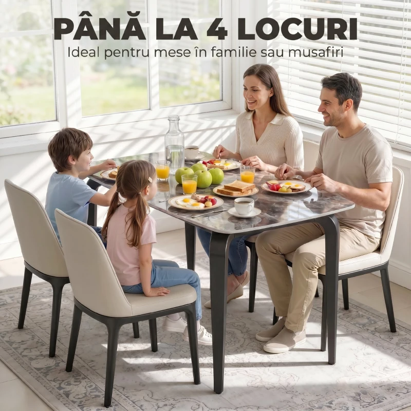 HOMCOM Masă 4 locuri, blat din piatră sinterizată, picioare metalice, Maro