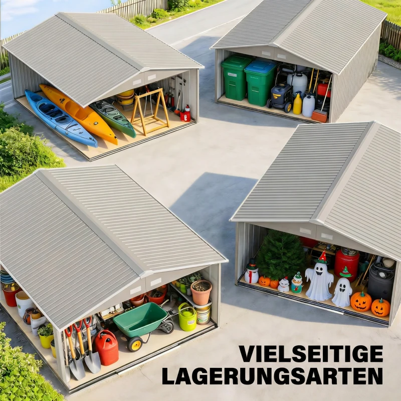 Outsunny Geräteschuppen, Wetterfestes Gartenhaus für Gartengeräte, mit Belüftungsfenstern, Schiebetüren, Stahl, Grau(m-7)