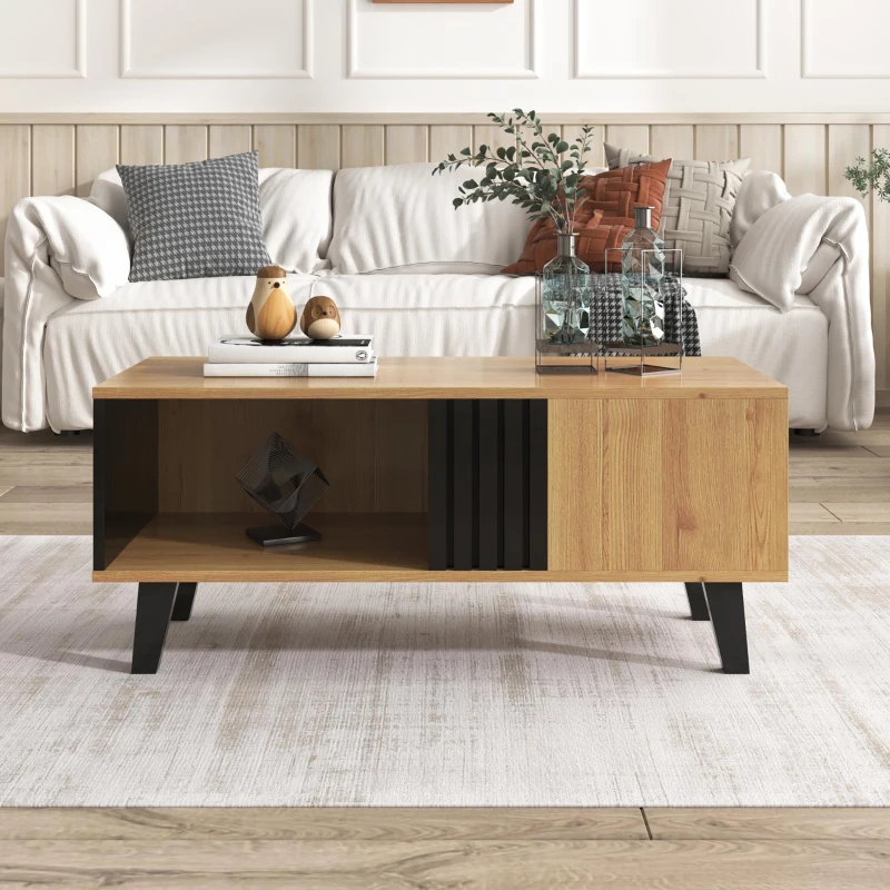 Stylish Coffee Table with Practical Storage and Wood‑Coloured Surface, Divided-Storage Tea Table with Wood Legs, 100L x 60W x 45H cm, Black+Wood
