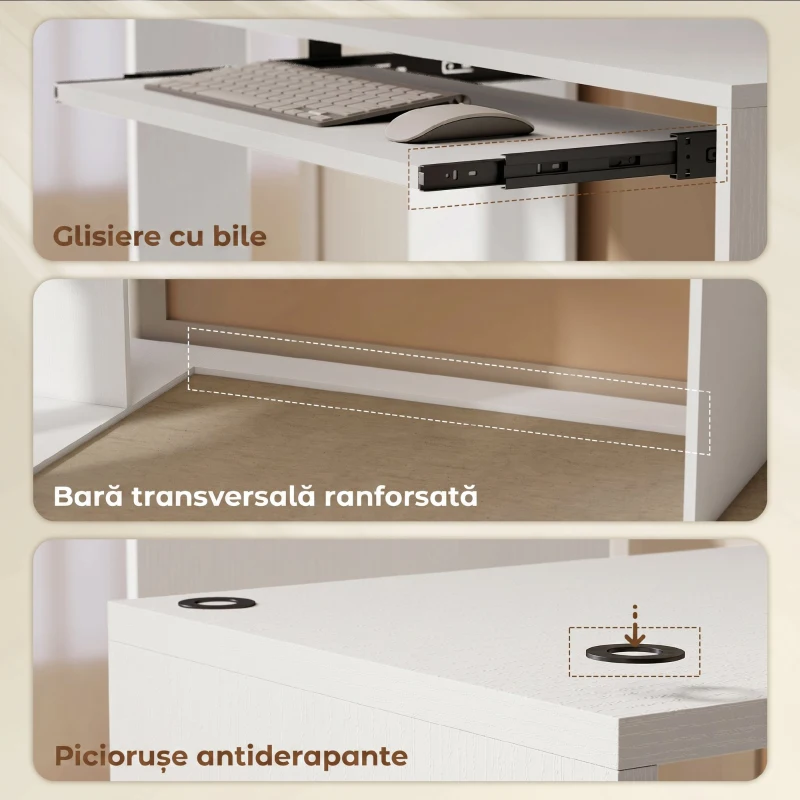 HOMCOM Birou de Colț Modern cu Raft Glisant pentru Tastatură și Rafturi pe 4 Niveluri, Alb