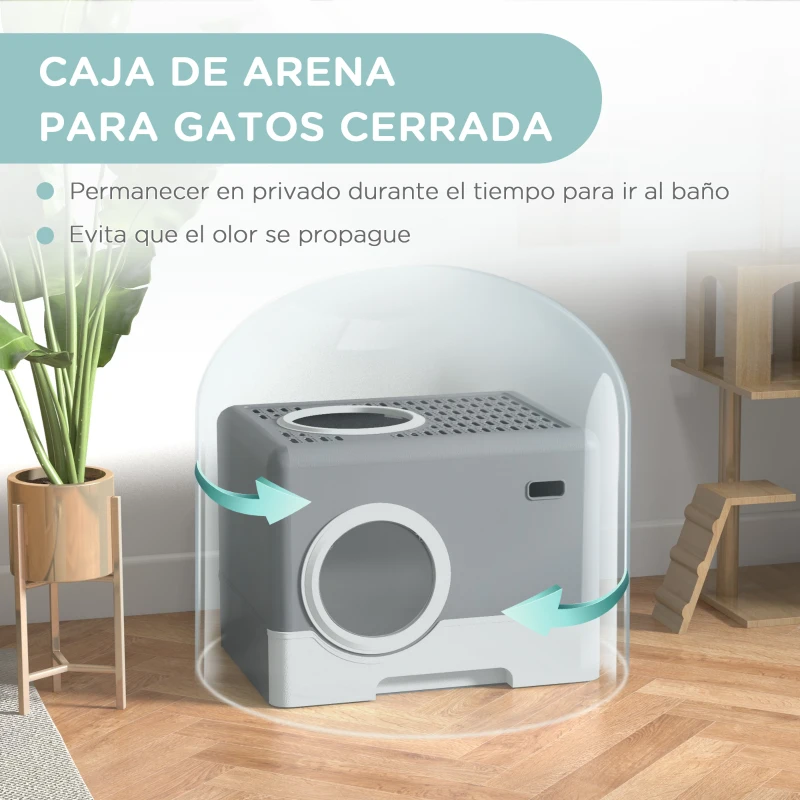 PawHut Arenero para Gatos Cubierto con Pala Bandeja Extraíble Entrada Frontal y Salida Superior 52x41x38,5 cm Gris