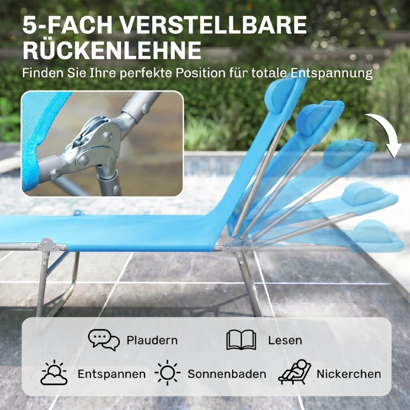 Outsunny Sonnenliege klappbar Gartenliege mit Kopfkissen, 5-Fach verstellbare Rückenlehne bis 120 kg Blau