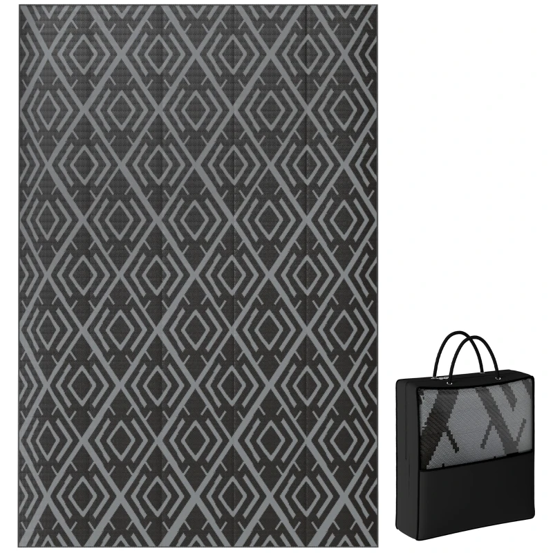 Outsunny Tapete de Exterior 182x274 cm Reversível com Desenho Geométrico Impermeável e Bolsa de Transporte  Preto