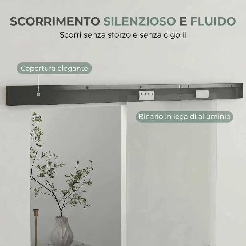 HOMCOM Porta Scorrevole in Vetro Sabbiato con Binario Silenzioso e Guida, 77.5x205 cm, Trasparente