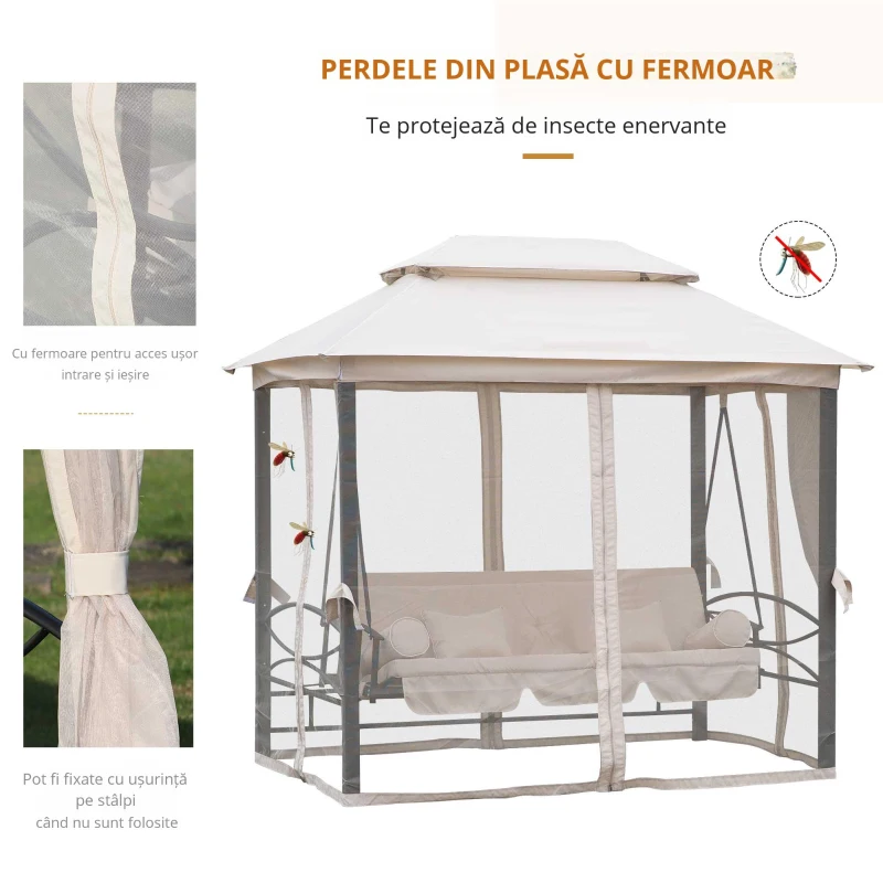 Outsunny Foisor cu Canapea cu 3 locuri si plasa de tantari, 256x172x248cm Culoare Bej(m-7)