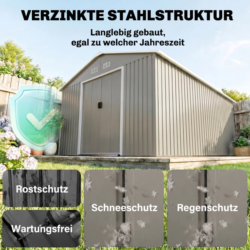Outsunny Geräteschuppen, Wetterfestes Gartenhaus für Gartengeräte, mit Belüftungsfenstern, Schiebetüren, Stahl, Grau(m-4)