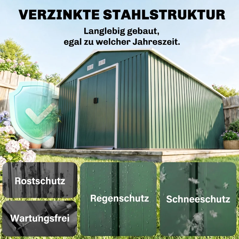 Outsunny Geräteschuppen, Wetterfestes Gartenhaus für Gartengeräte, mit Belüftungsfenstern, Schiebetüren, Stahl, Braun(m-4)