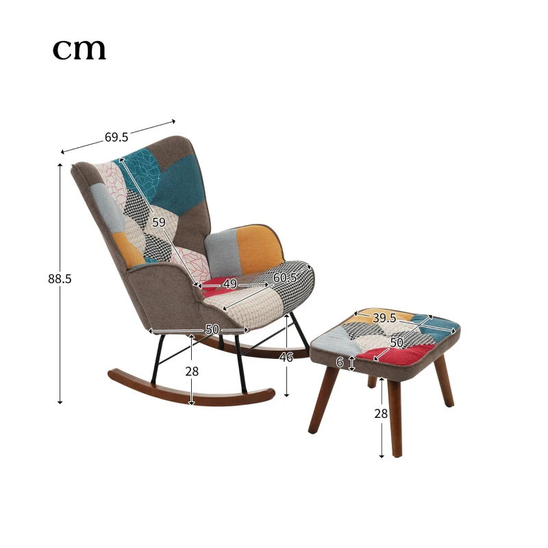 Rocking Chair and Footstool Set with Back Cushion, Quilted Patchwork Leisure Chair Solid with Wood and Iron Legs, 100L x 69.5W x 88.5H cm, Colorful